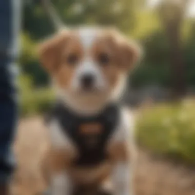 Puppy Comfort with Harness and Leash A close-up of a puppy wearing a comfortable harness and leash during an outdoor walk.