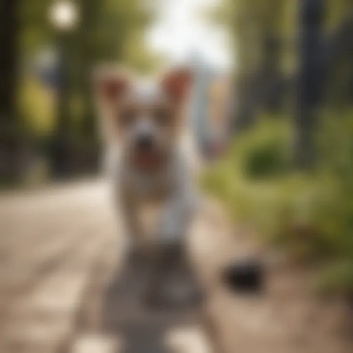A puppy enjoying a playful moment with a retractable leash in a park.