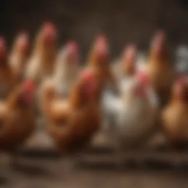 A variety of chicken breeds showcasing different feather patterns and colors