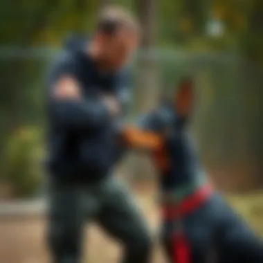 Training a Doberman for Guard Duties A trainer working with a Doberman during a training session