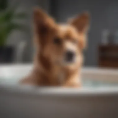 A serene setting showing a dog enjoying a bath with gentle shampoo, reflecting a calming grooming experience.