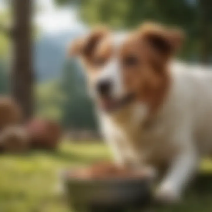 Happy dog enjoying a bowl of lamb dog food outdoors