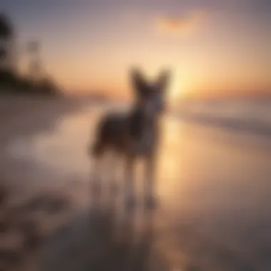 A dog enjoying a walk along the shoreline at sunset