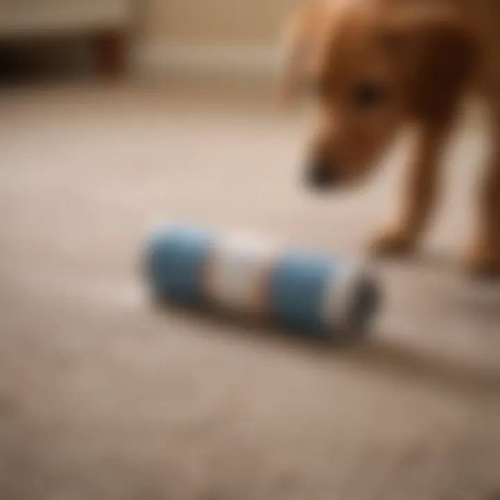 A lint roller used to pick up dog hair from carpet fibers