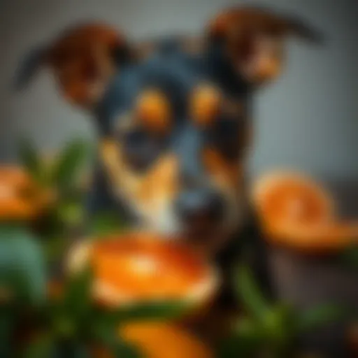 A dog curiously sniffing a grapefruit