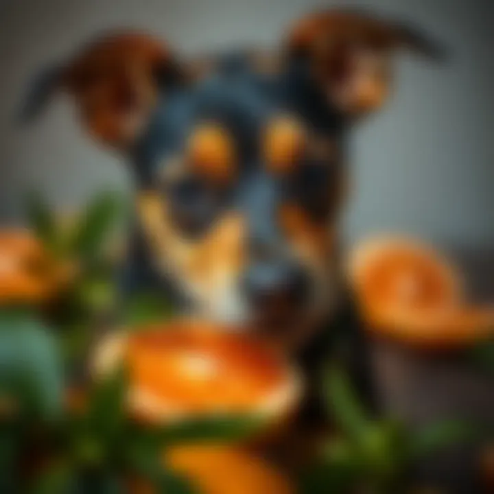 A dog curiously sniffing a grapefruit