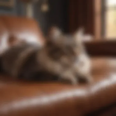 A cat lounging on a leather couch