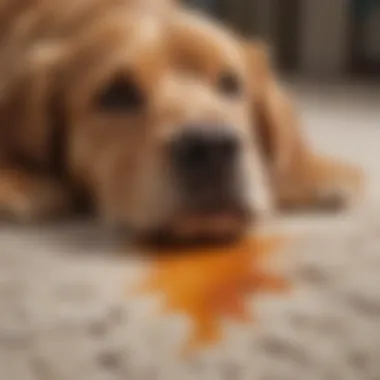 A close-up of a carpet stain caused by dog diarrhea