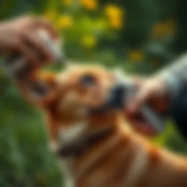Applying Fly Repellent for Canine Comfort An owner using a fly repellent spray on a dog