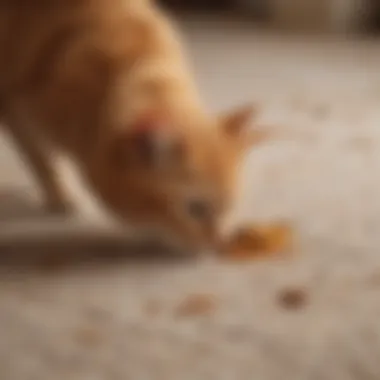 A detailed view of a carpet with visible cat urine stains