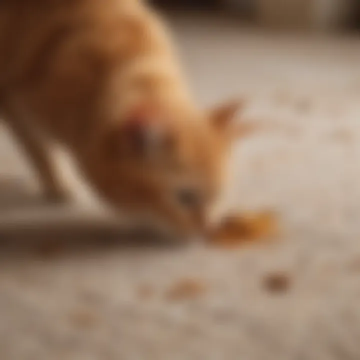 A detailed view of a carpet with visible cat urine stains