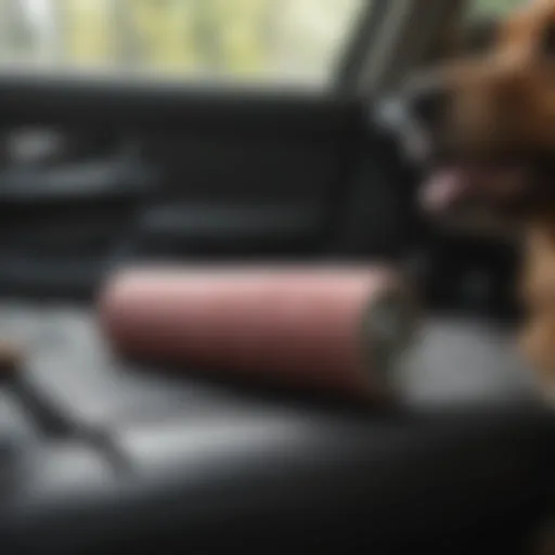 A lint roller removing pet hair from car upholstery