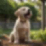 Lab puppy displaying playful barking behavior in a garden setting