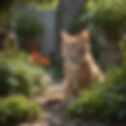 A tranquil garden free from cats, showcasing plants and cozy seating.