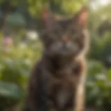 A lush garden with various plants and a cat looking curiously from a distance