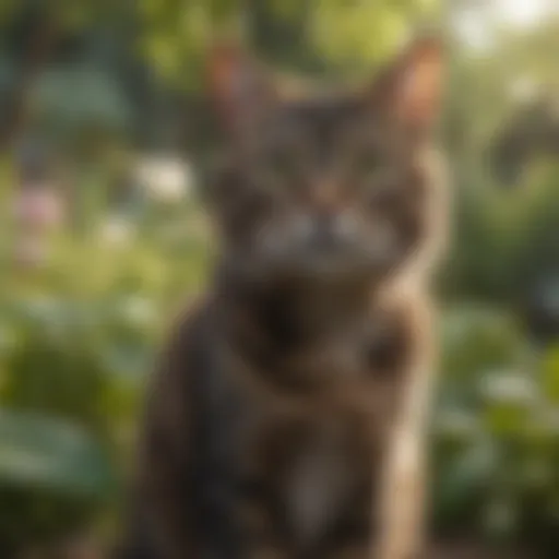 A lush garden with various plants and a cat looking curiously from a distance