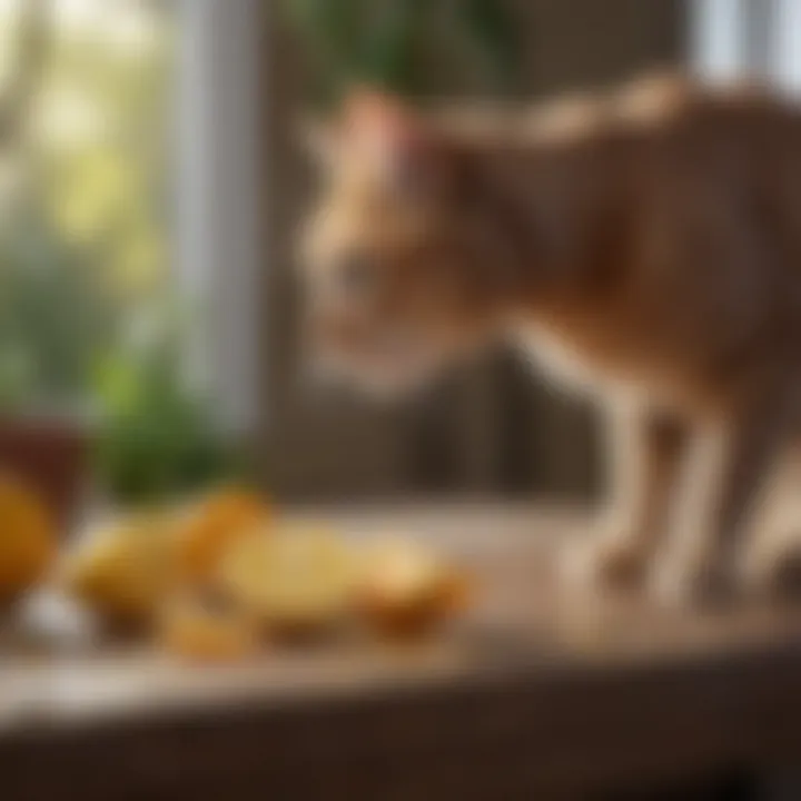 Natural deterrents arranged on a wooden table, including citrus peels and herbs