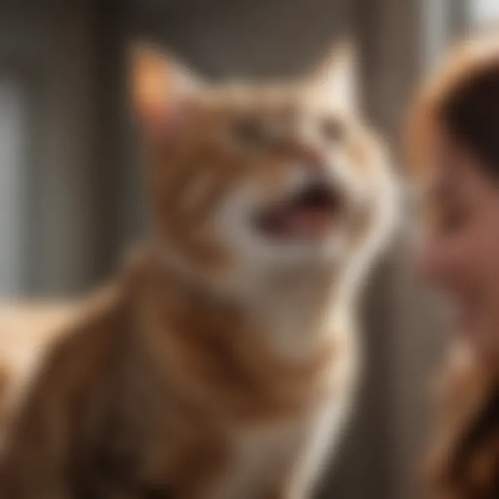 A heartwarming reunion of a cat with its owner, depicting joy and relief.