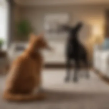 Calm Observation Between Dog and Cat A dog and cat observing each other calmly in a living room setting