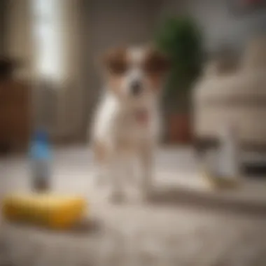 Cleaning supplies arranged for removing dog stains from carpet