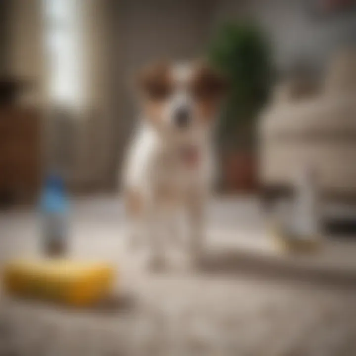 Cleaning supplies arranged for removing dog stains from carpet