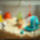 A clean hamster cage with fresh bedding and toys