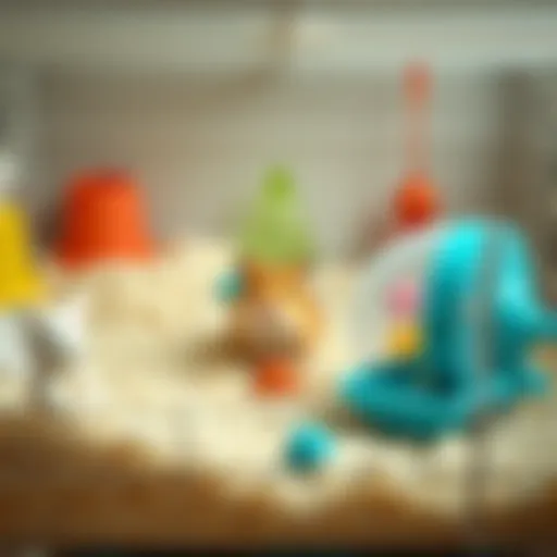 A clean hamster cage with fresh bedding and toys