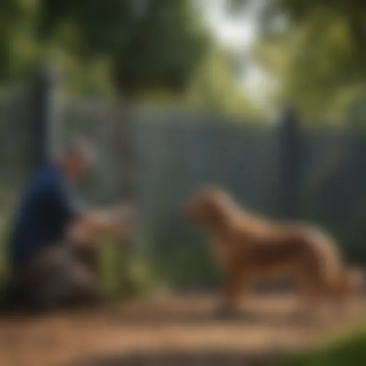 A pet owner conducting routine maintenance on an electric dog fence system