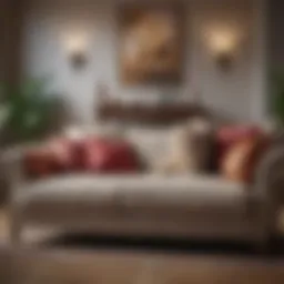 A stylish couch adorned with decorative pillows, emanating a pleasant scent.