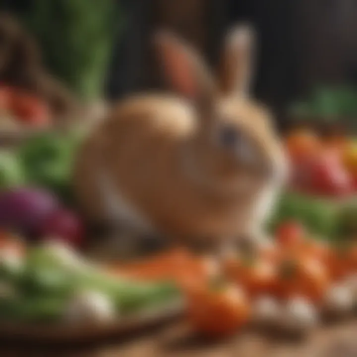 A colorful array of fresh vegetables and hay for bunny nutrition
