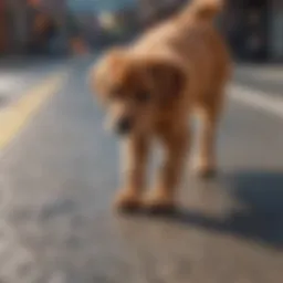 A dog wearing protective paw booties on hot pavement