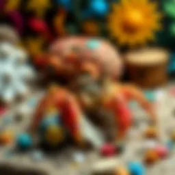 Colorful hermit crab habitat with sand and decorations