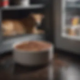 A chilled bowl of dog food beside a refrigerator