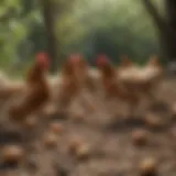 A diverse group of laying hens in a free-range habitat showcasing their natural behaviors.