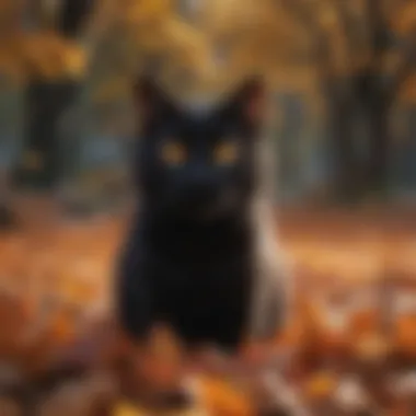 A black cat with glowing eyes surrounded by autumn leaves