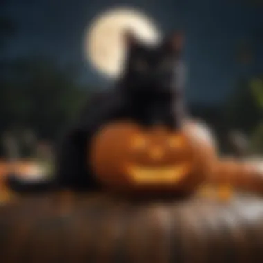 A mystical black cat perched on a pumpkin under a full moon