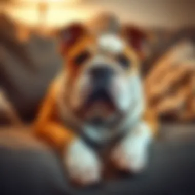 A charming British Bulldog resting on a couch