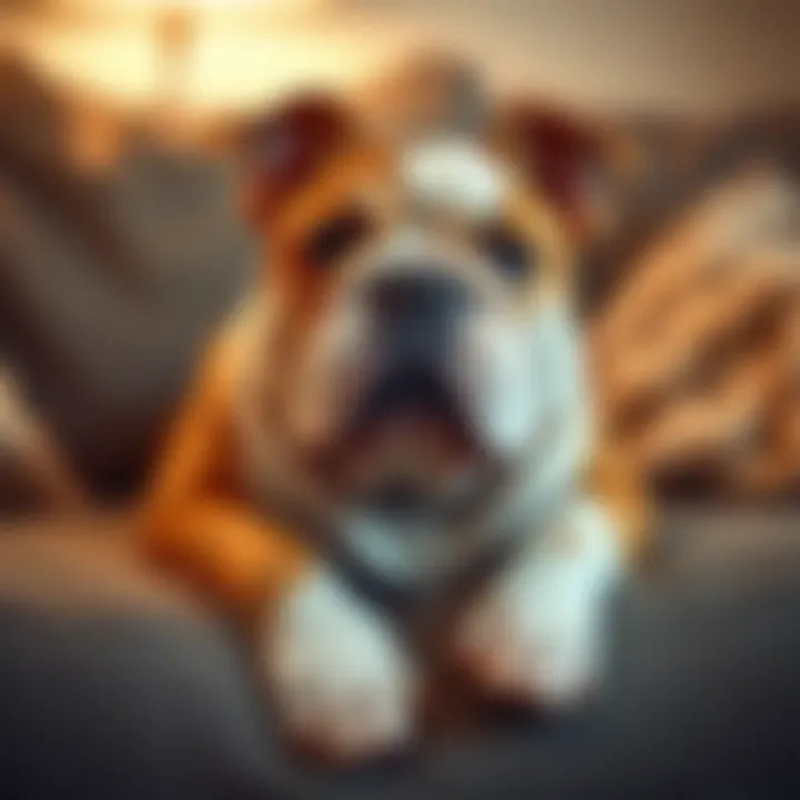 A charming British Bulldog resting on a couch