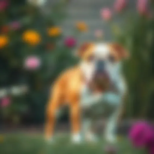 A regal English Bulldog standing proudly in a garden