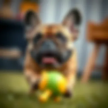 An energetic French Bulldog playing with a toy