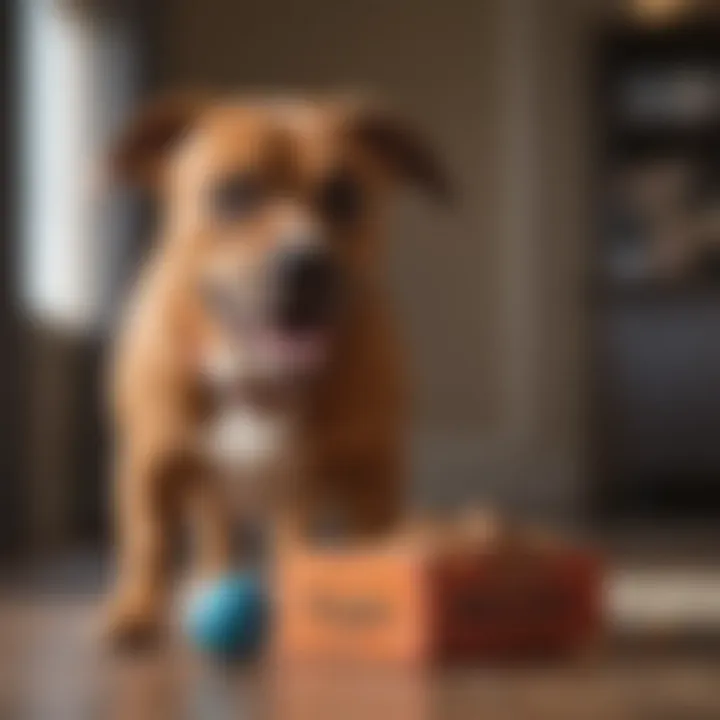 A dog engaging with a bully box toy in a playful setting