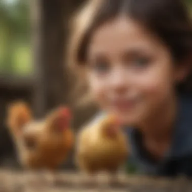 A playful interaction between a child and a cute chicken, illustrating companionship.