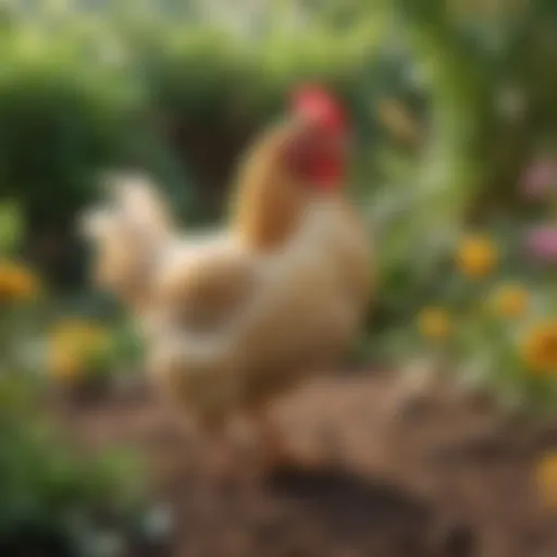A picturesque scene of a colorful array of cute chicken breeds in a lush garden setting.