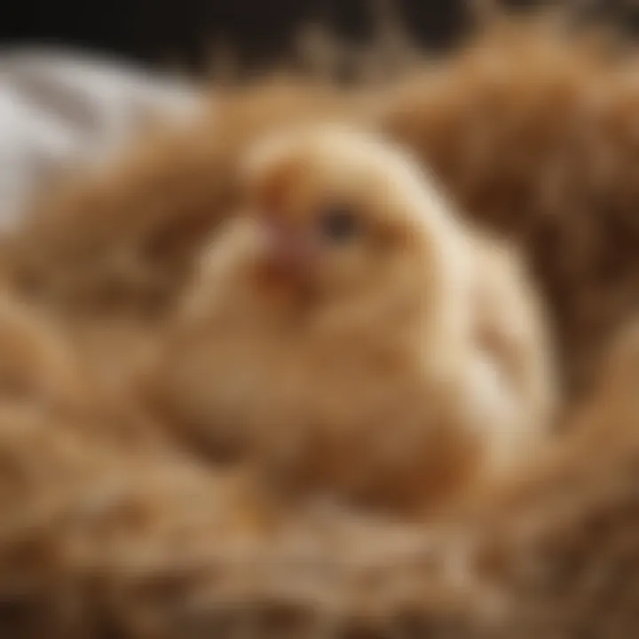 A close-up of a fluffy chicken nestled in a bed of straw, showcasing its charming features.