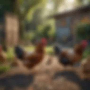 A serene backyard scene with chickens roaming freely, symbolizing sustainable living.