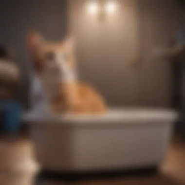 Feline Comfort with Lightweight Litter A cat comfortably using a litter box filled with lightweight litter