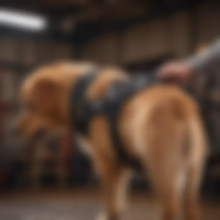 Pet owner adjusting the harness on a large dog for proper fit