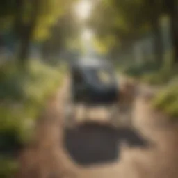 A dog confidently pulling a bike trailer through a scenic park