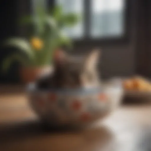 A stylish ceramic cat food bowl with floral designs