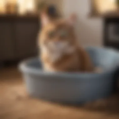 A cat comfortably using a litter box filled with premium quality litter.